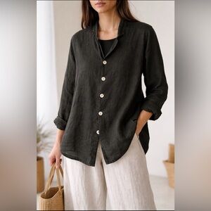 Flax By Jeanne Engleheart 100% Linen BIk Top Lagenlook Oversize Coastal Artsy S